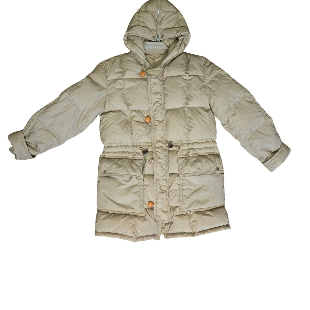 Mighty-Mac Tan Quilted Down Puffer Parka Split Zip Hood Toggle Coat Size L Vtg